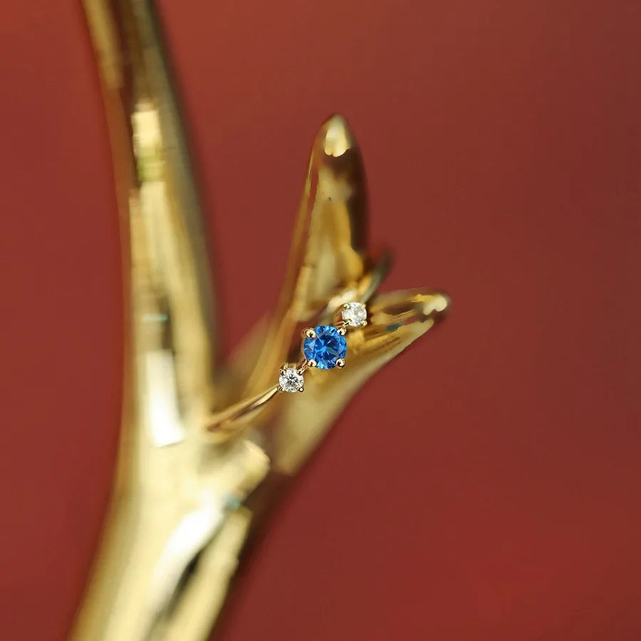 Anel Dourado Zircônia Azul Prata 925 – Saphir Bleu Simplicité