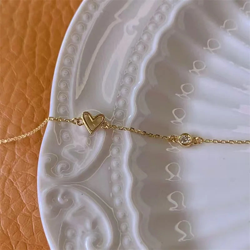 Pulseira Prata 925 Coração Zircônia Ajustável Banhada Ouro – Charme Cœur Simplicité