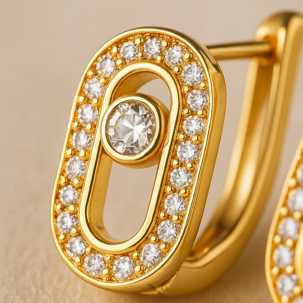Clarté Élégante – Brinco Oval com Zircônias e Pedra Central Dourado