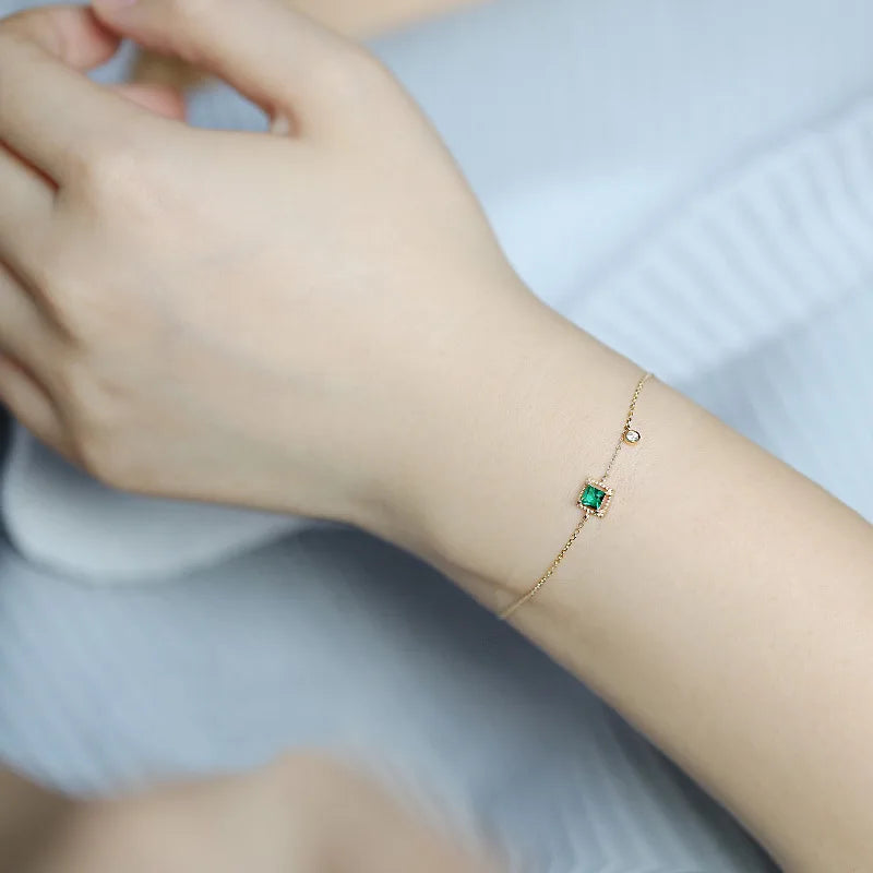 Pulseira Prata 925 Cristal Esmeralda Corrente Delicada – Émeraude Chaîne Simplicité