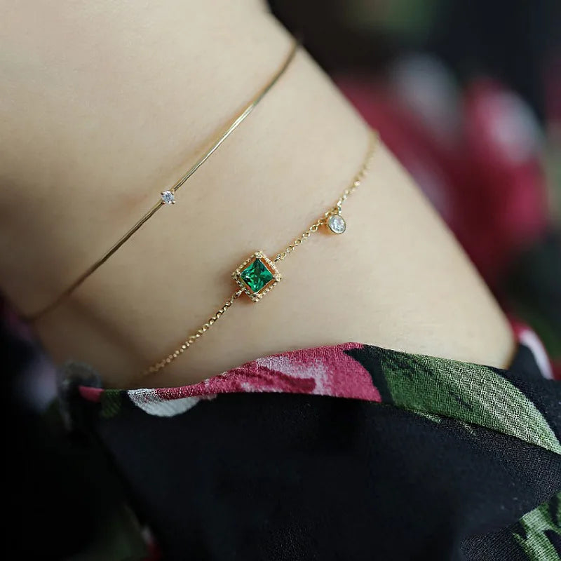 Pulseira Prata 925 Cristal Esmeralda Corrente Delicada – Émeraude Chaîne Simplicité