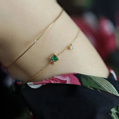 Pulseira Prata 925 Cristal Esmeralda Corrente Delicada – Émeraude Chaîne Simplicité