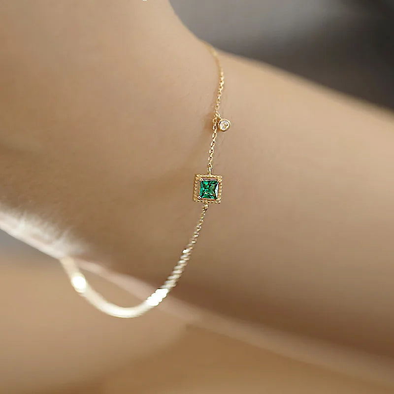 Pulseira Prata 925 Cristal Esmeralda Corrente Delicada – Émeraude Chaîne Simplicité