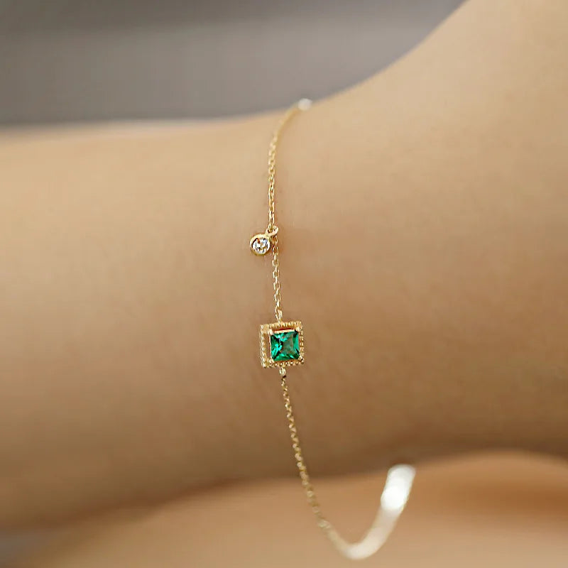 Pulseira Prata 925 Cristal Esmeralda Corrente Delicada – Émeraude Chaîne Simplicité