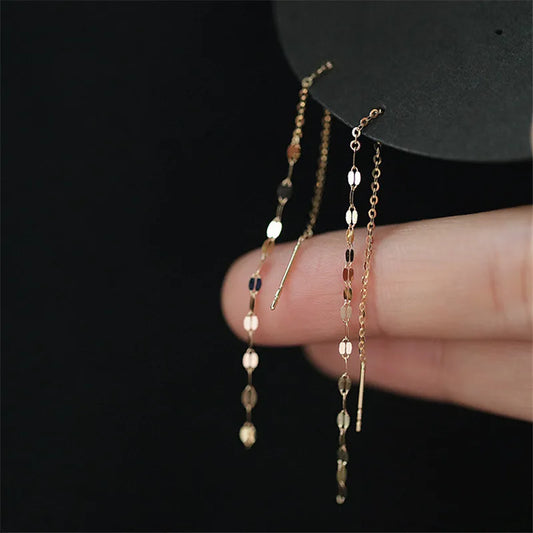 Brinco dourado fio longo corrente sequim, prata 925 banhada a ouro 14K, Loja Simplicité