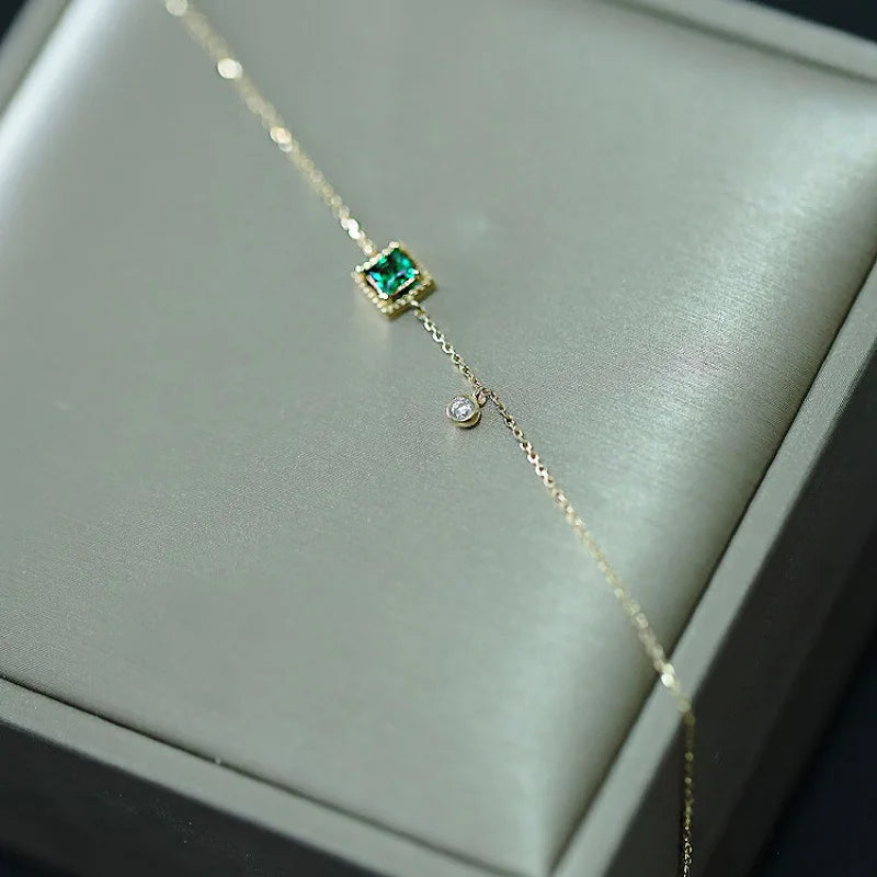 Pulseira Prata 925 Cristal Esmeralda Corrente Delicada – Émeraude Chaîne Simplicité