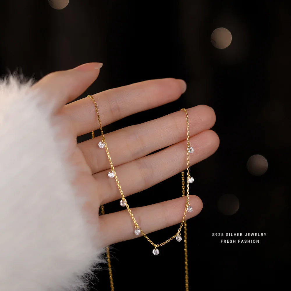 Colar Prata 925 Franja Zircônia Delicado Banhado Ouro – Cascade Brillante Simplicité