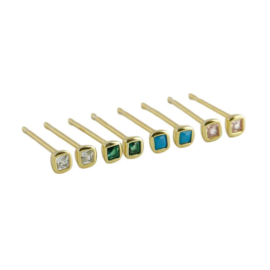 Brinco dourado mini quadrado com zircônia, prata 925 banhada a ouro 14K, Loja Simplicité
