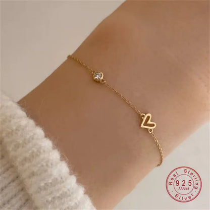 Pulseira Prata 925 Coração Zircônia Ajustável Banhada Ouro – Charme Cœur Simplicité