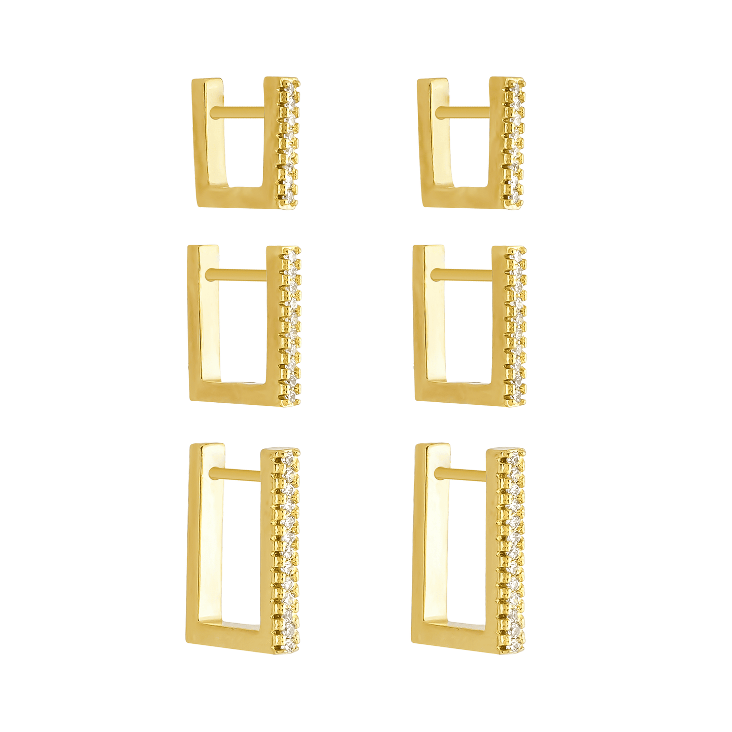 Trio de brincos dourados argolinhas quadradas cravejadas Carré Doré Simplicité