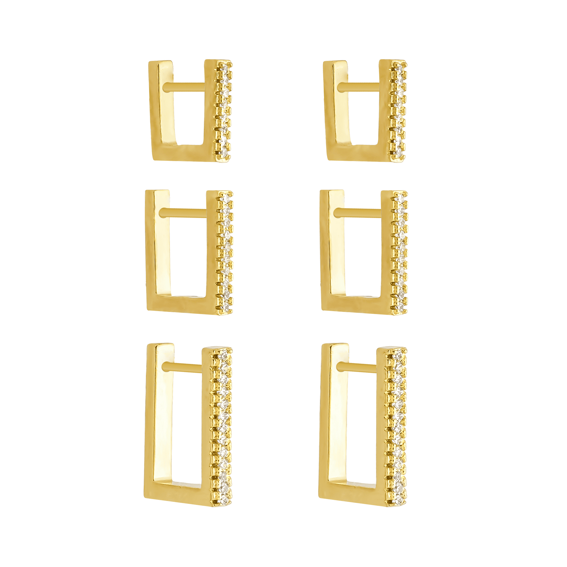Trio de brincos dourados argolinhas quadradas cravejadas Carré Doré Simplicité