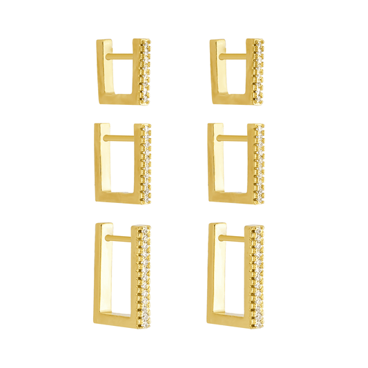 Trio de brincos dourados argolinhas quadradas cravejadas Carré Doré Simplicité