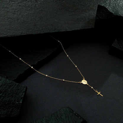 Colar Dourado Religioso Terço Cruz e Pérolas – Chapelet Doré Simplicité