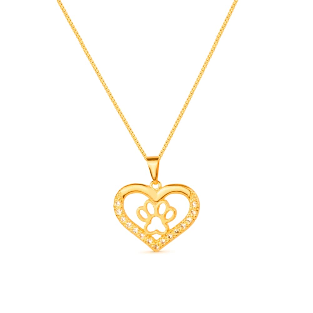 Colar dourado coração e pata pet zircônia Cœur et Patte Simplicité
