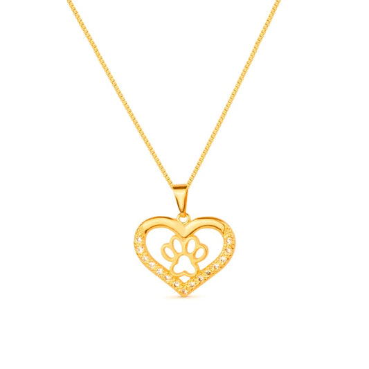Colar dourado coração e pata pet zircônia Cœur et Patte Simplicité