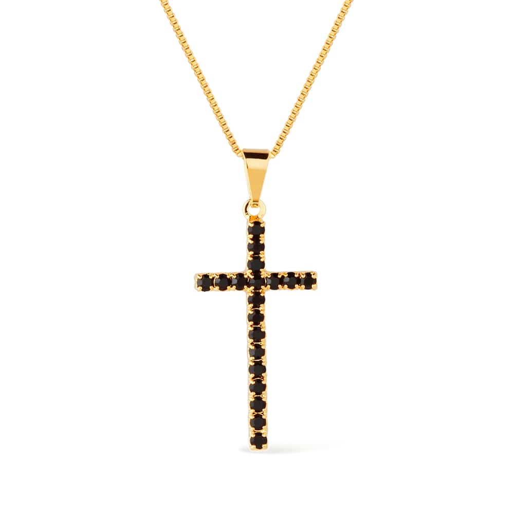 Colar dourado cruz com pedra natural negra Croix de Jais Simplicité