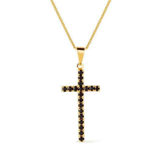 Colar dourado cruz com pedra natural negra Croix de Jais Simplicité