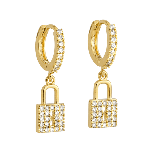 Brinco dourado argolinha com cadeado cravejado Cadenas d'Amour Simplicité