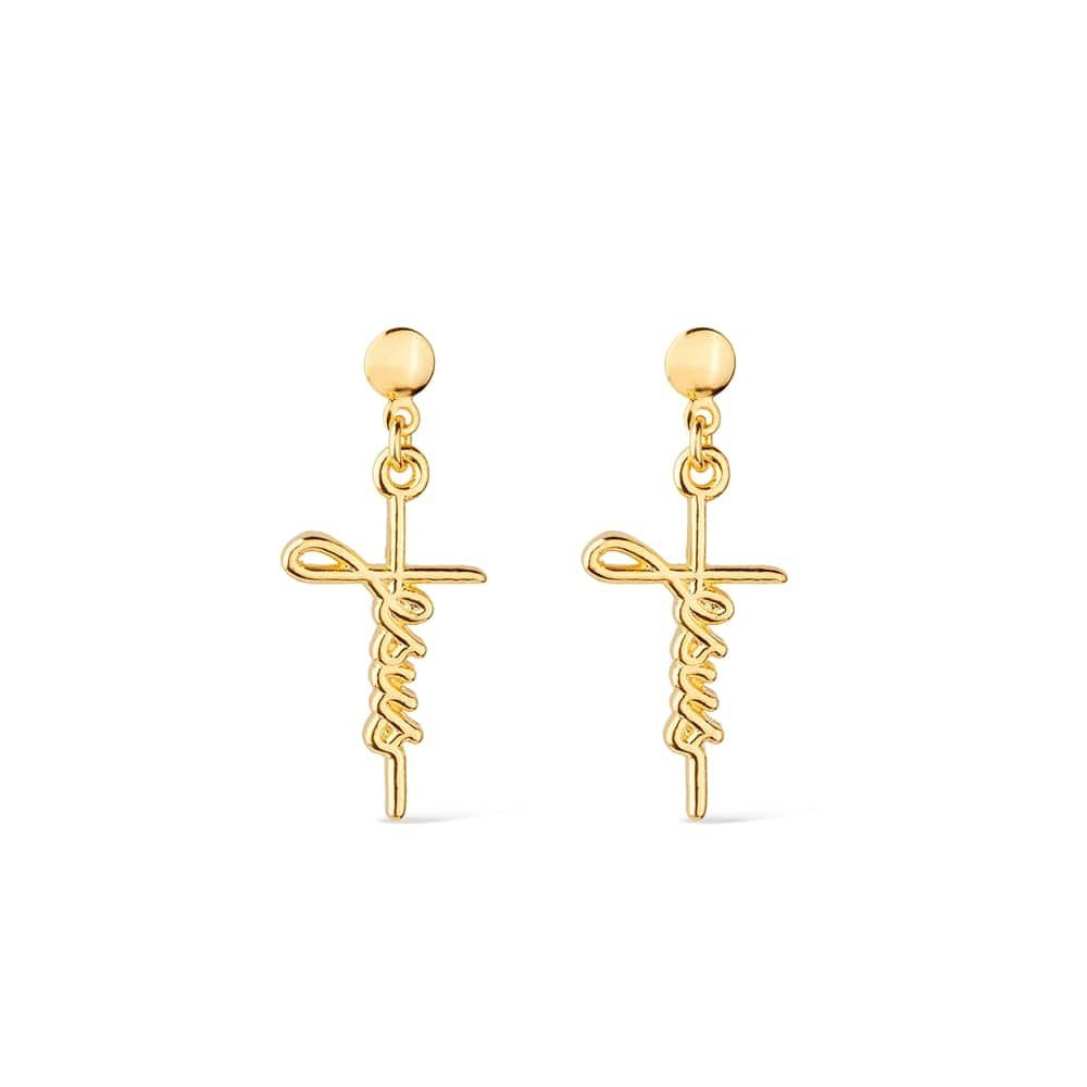Brinco dourado cruz com palavra Jesus Croix de Foi Simplicité