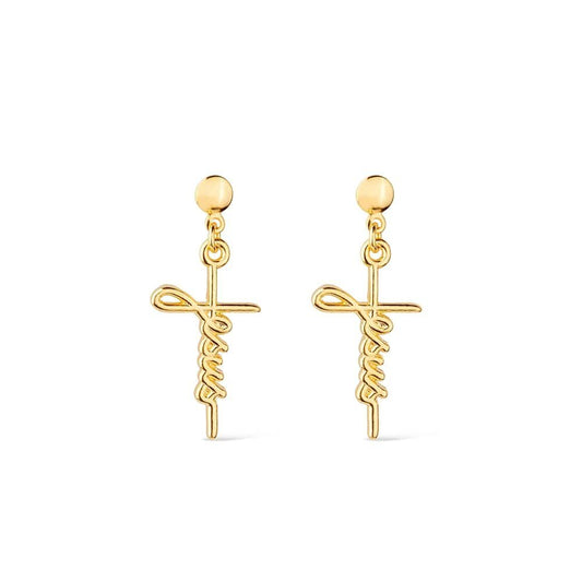 Brinco dourado cruz com palavra Jesus Croix de Foi Simplicité
