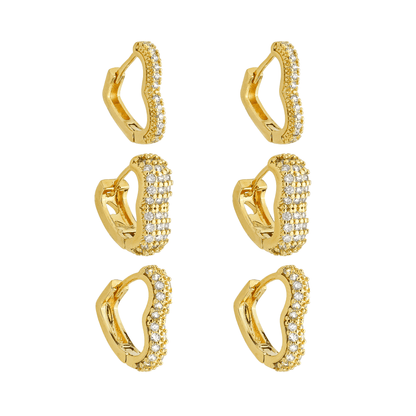 Trio de brincos dourados argolinhas de coração com zircônia Cœur Brillant Simplicité