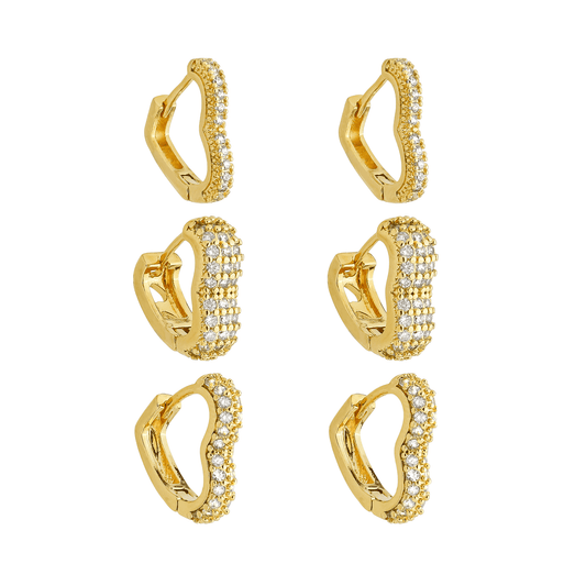 Trio de brincos dourados argolinhas de coração com zircônia Cœur Brillant Simplicité