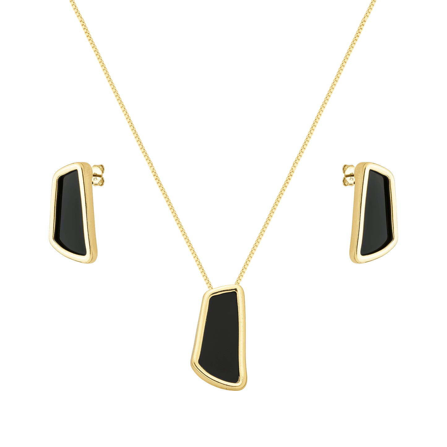 Conjunto dourado de colar e brincos com pedra preta Noir Sculpté Simplicité