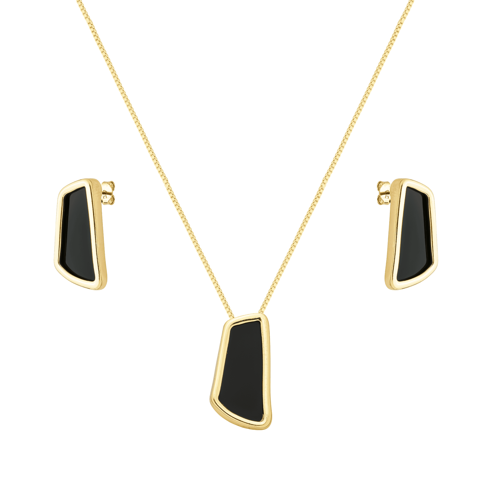 Conjunto dourado de colar e brincos com pedra preta Noir Sculpté Simplicité