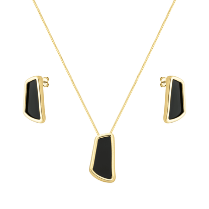 Conjunto dourado de colar e brincos com pedra preta Noir Sculpté Simplicité