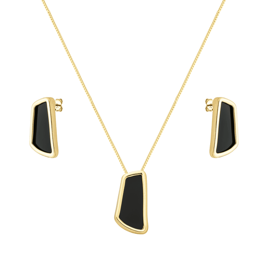 Conjunto dourado de colar e brincos com pedra preta Noir Sculpté Simplicité