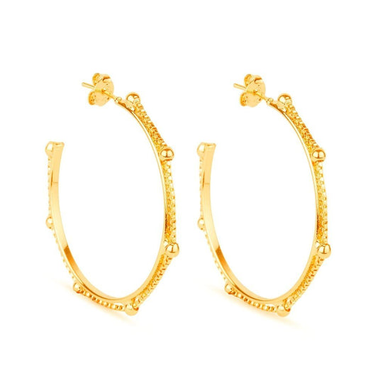 Brinco dourado argola com corrente esferas e pérolas Cercle Chaîné Simplicité