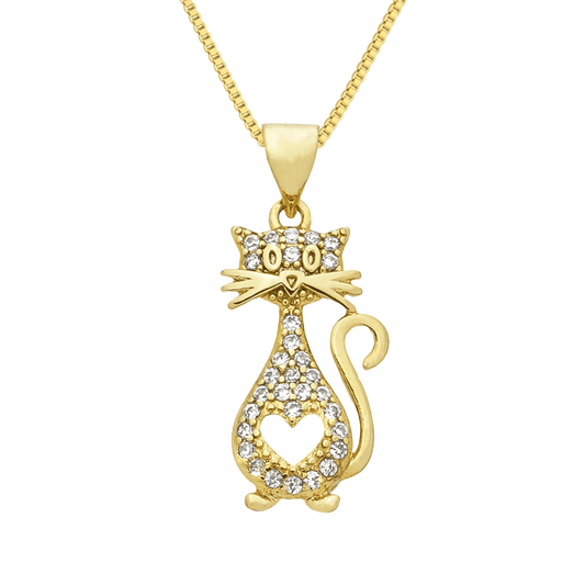 Colar dourado com pingente de gato cravejado de zircônias Chat Doré Simplicité
