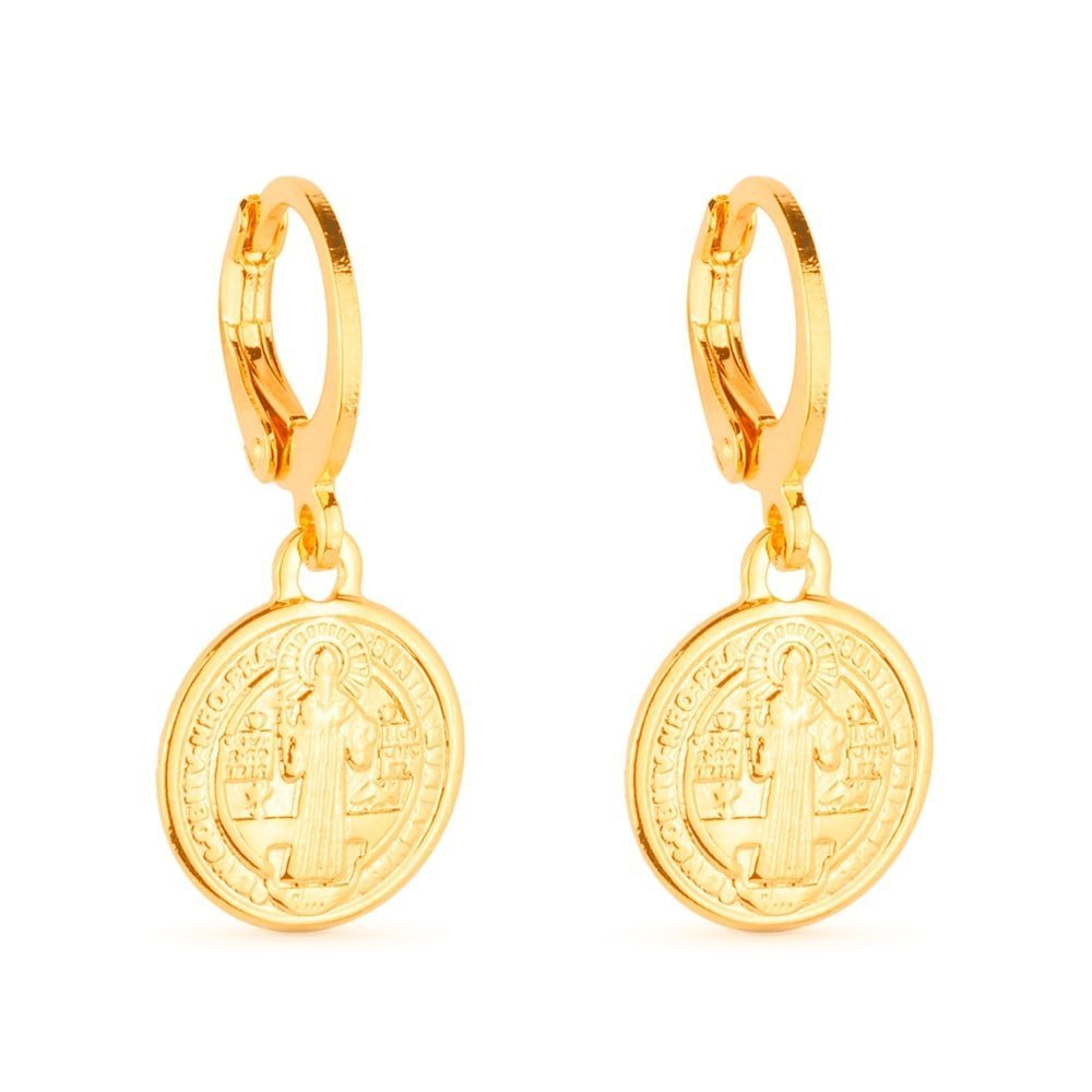 Brinco dourado argolinha com medalha religiosa Petite Médaille Simplicité