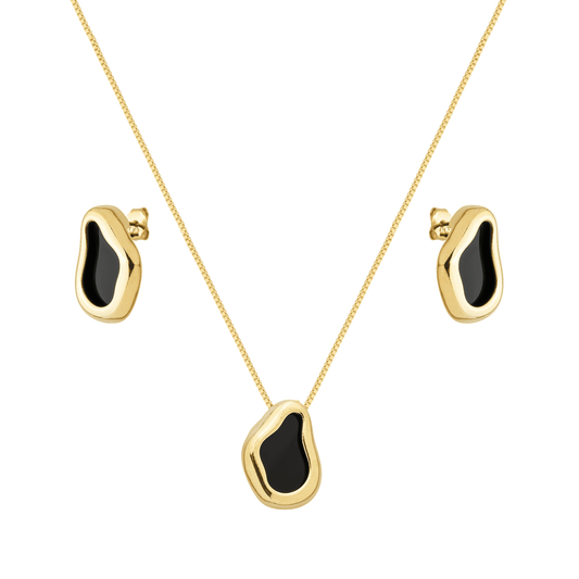 Conjunto dourado de colar e brincos com pedra preta Noir Délicat Simplicité