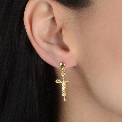 Brinco dourado religioso Croix de Foi Simplicité em detalhe