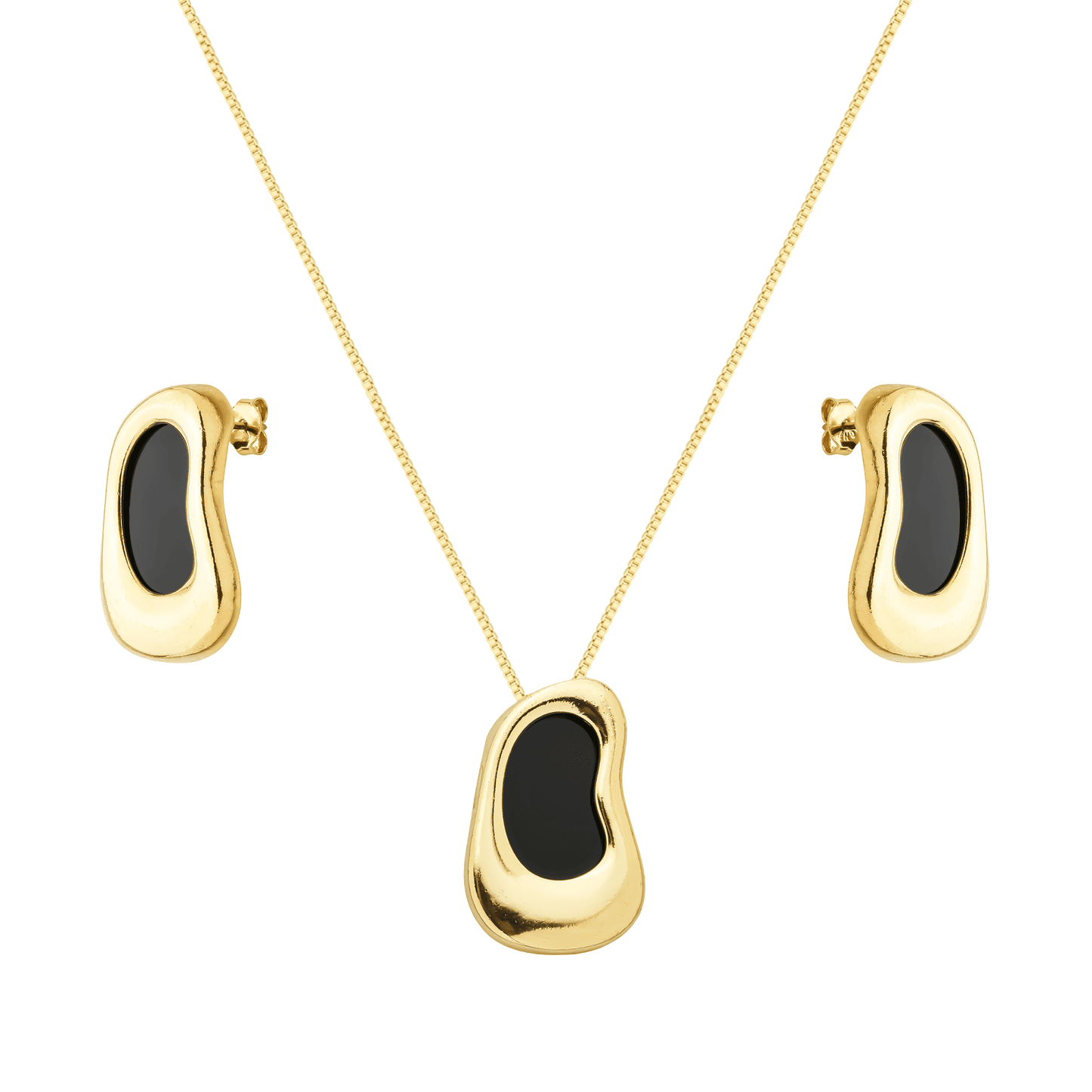 Conjunto dourado de colar e brincos com pedra preta Noir Élégant Simplicité