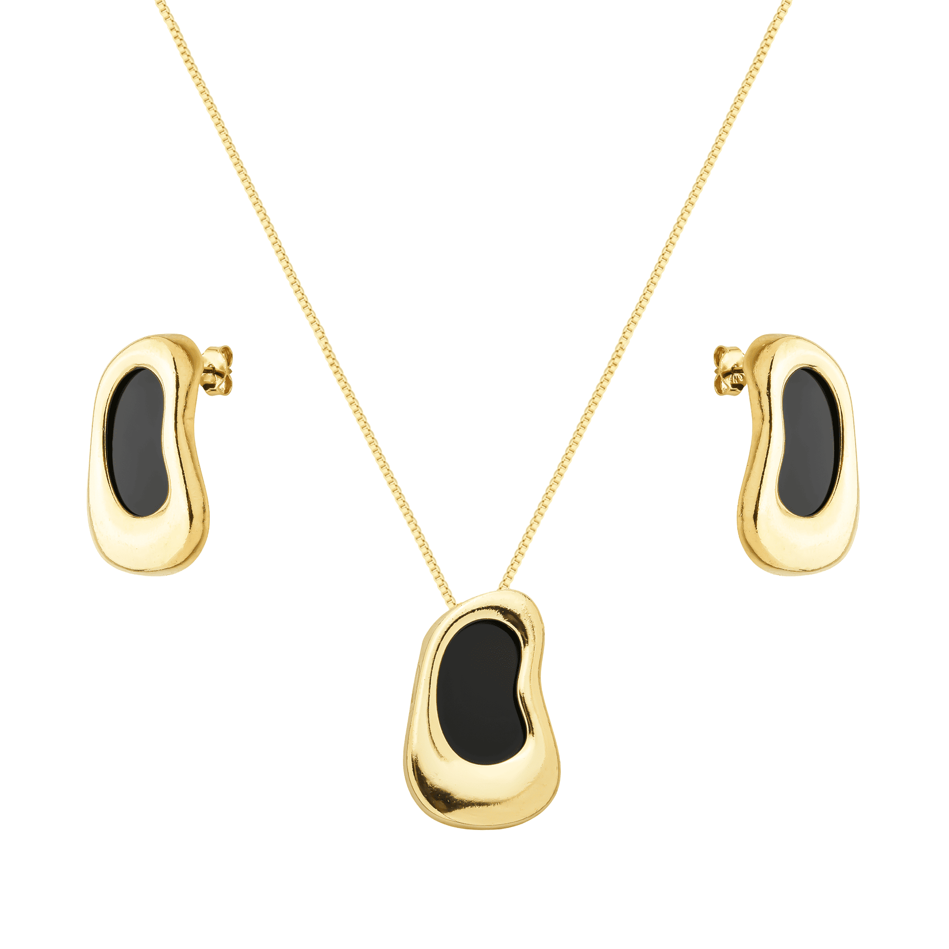 Conjunto dourado de colar e brincos com pedra preta Noir Élégant Simplicité