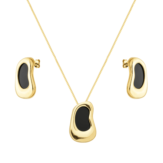 Conjunto dourado de colar e brincos com pedra preta Noir Élégant Simplicité