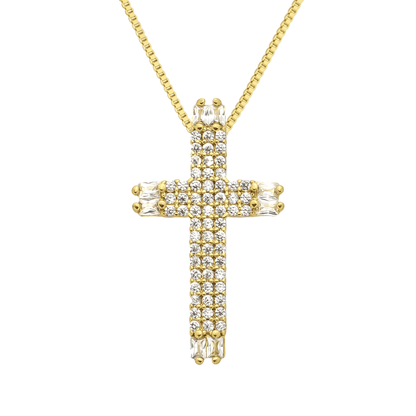 Colar dourado com pingente de cruz cravejado de zircônias Croix Lumière Simplicité