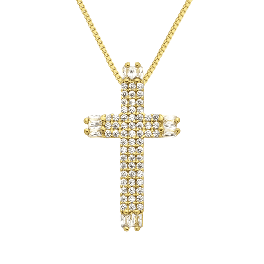 Colar dourado com pingente de cruz cravejado de zircônias Croix Lumière Simplicité