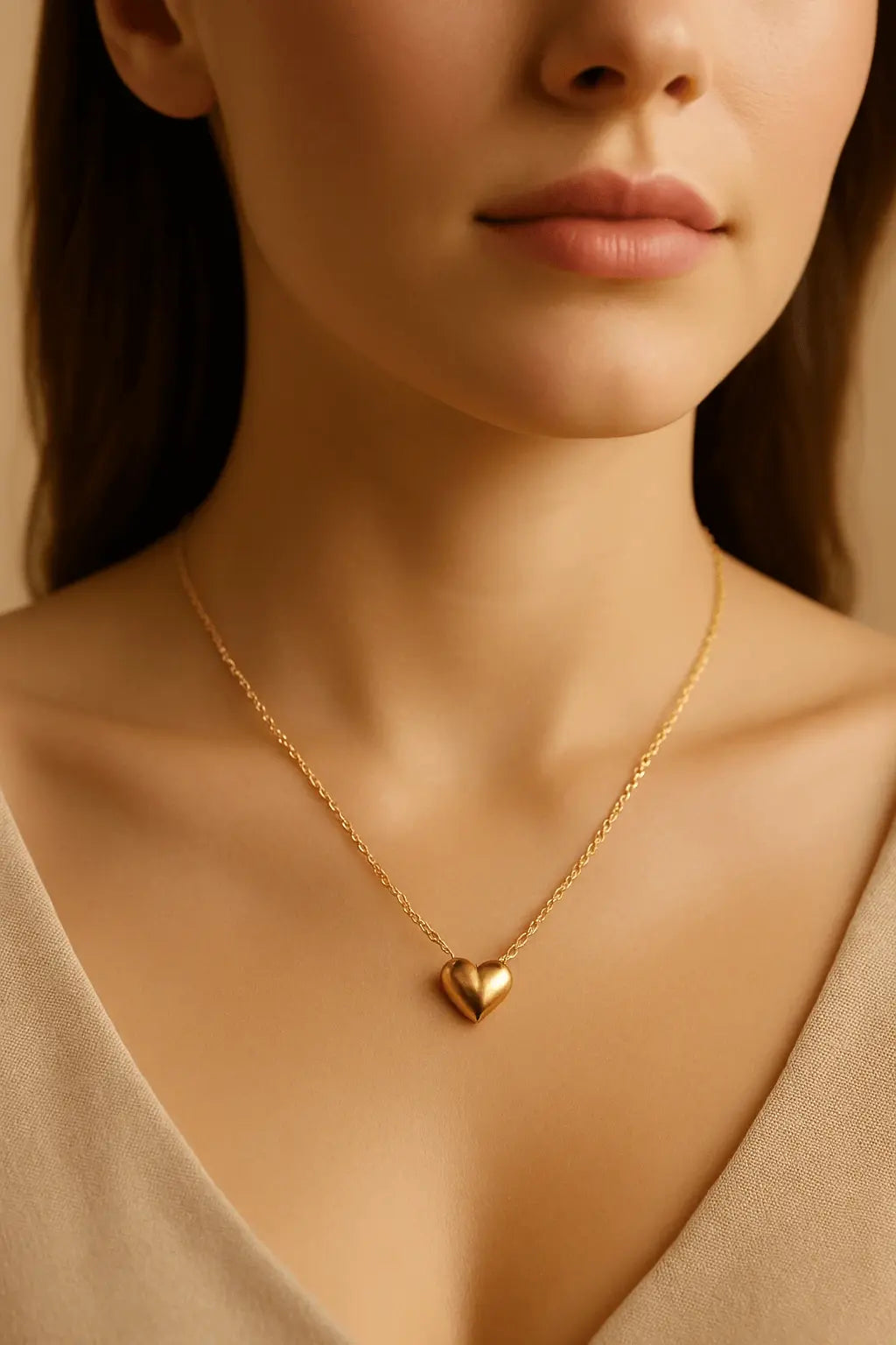 Pescoço feminino usando colar choker de coração polido dourado estilo moderno e romântico