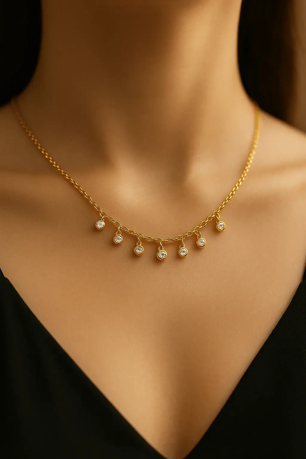 Pescoço feminino usando colar de zircônias em movimento estilo iluminado e festivo