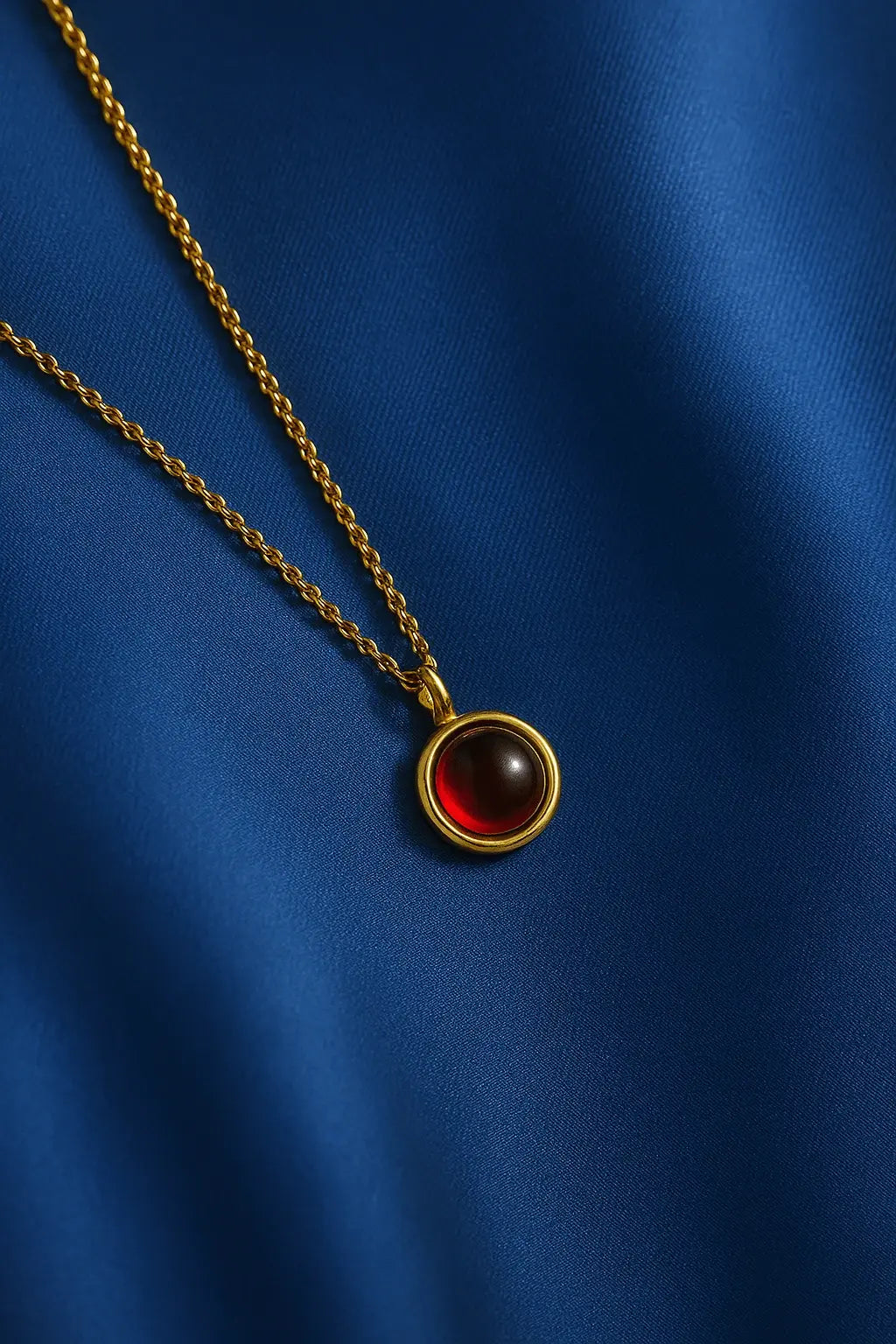 Joia feminina colar pedra vermelha luxo sobre fundo veludo azul royal Simplicité