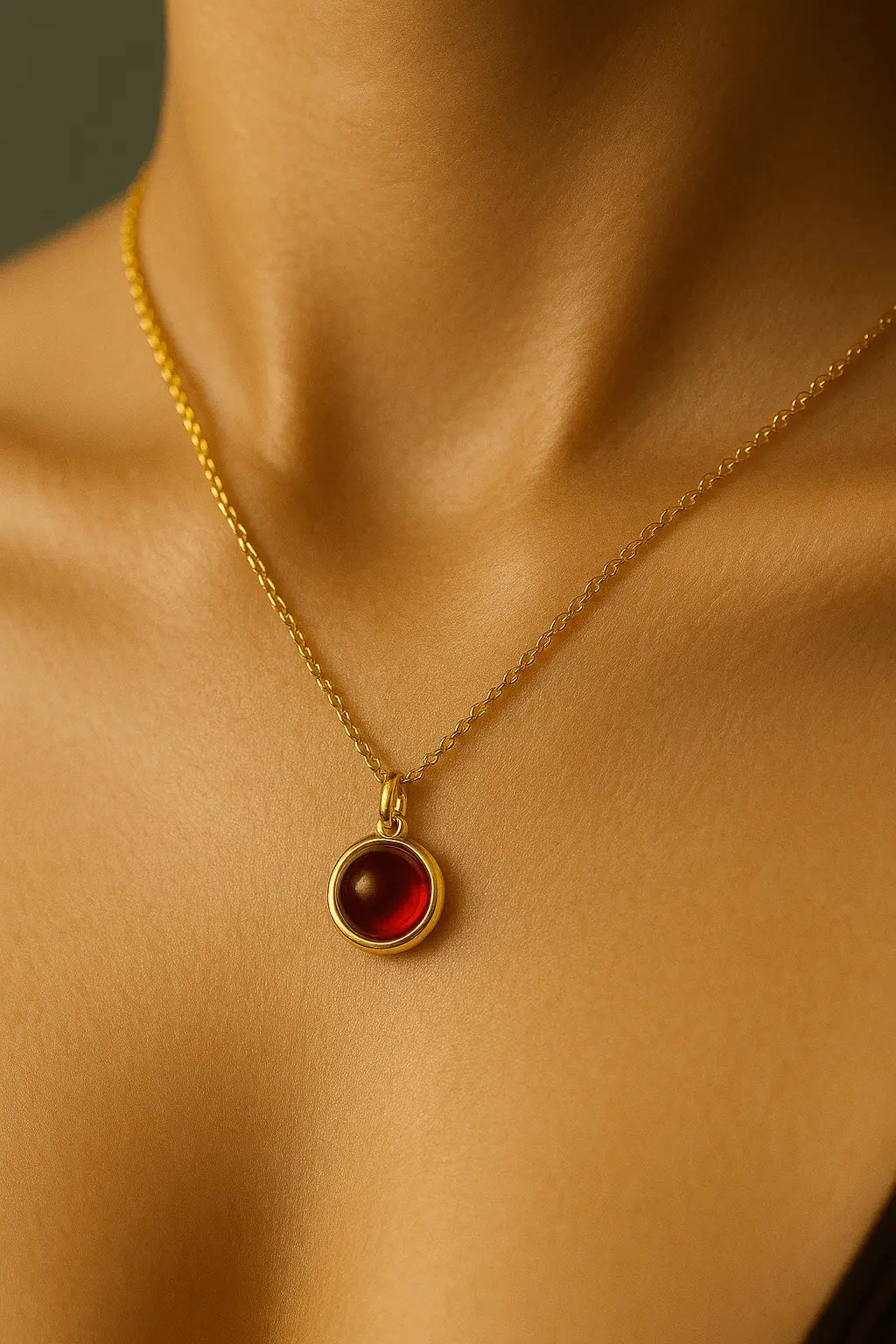 Pescoço feminino usando colar de pedra granada vermelha estilo elegante e intenso