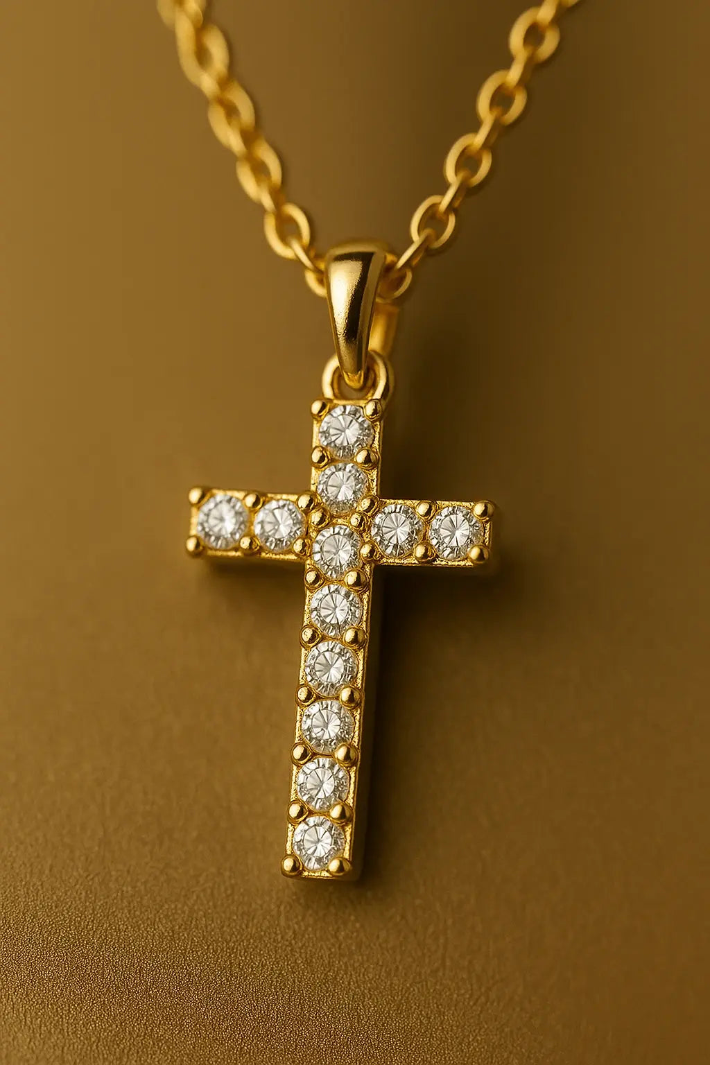 Detalhe macro pingente cruz pedras brilhantes acabamento polido ouro 18k