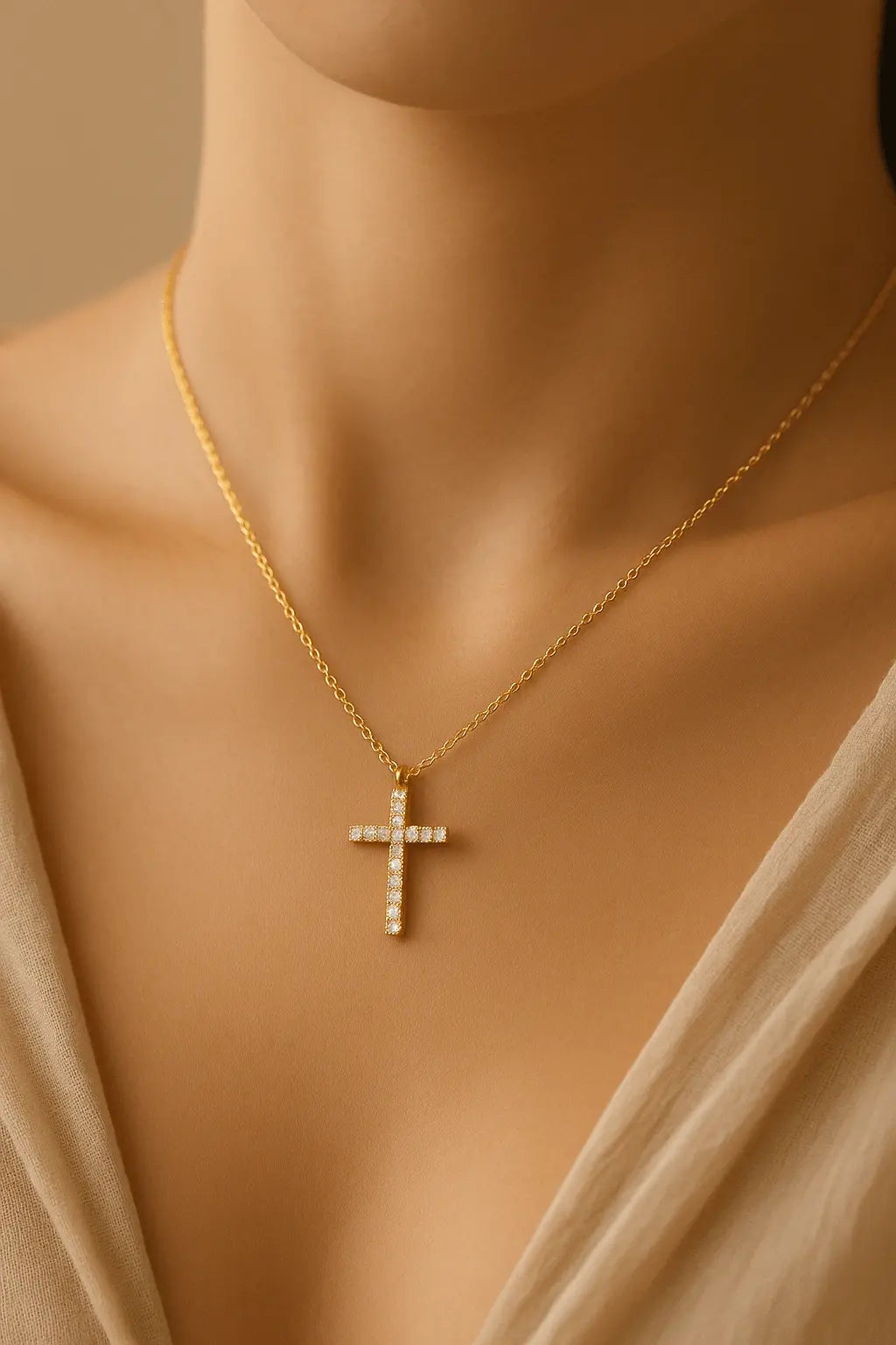 Pescoço feminino usando colar de cruz dourada cravejada estilo proteção elegante