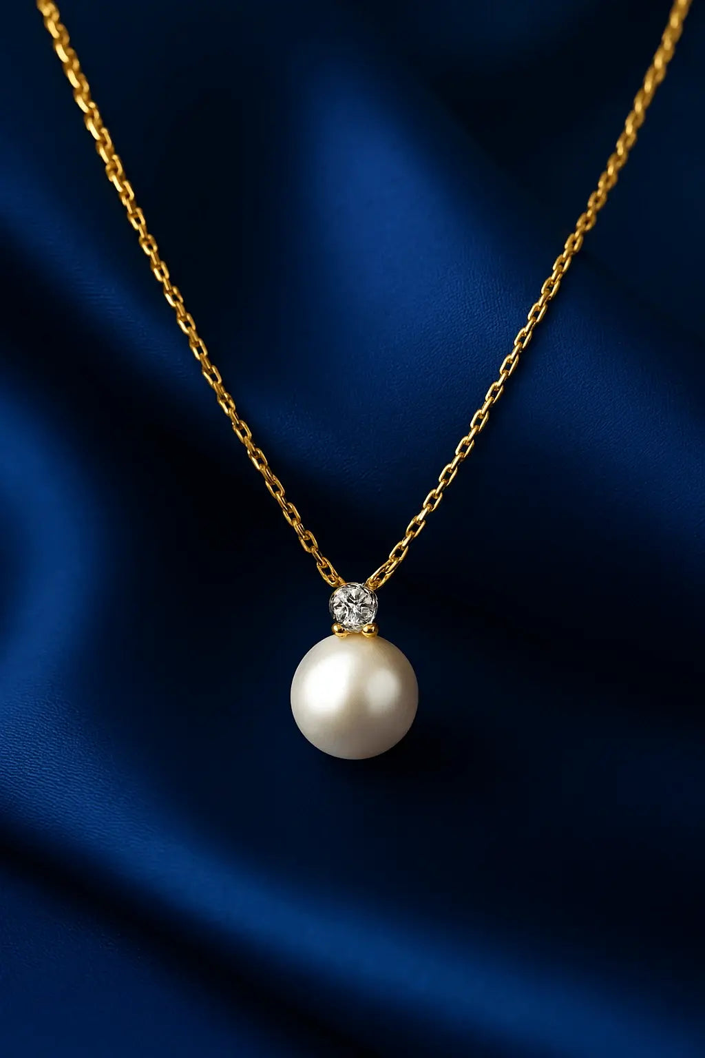 Joia feminina colar pérola e brilho delicado sobre fundo veludo azul royal Simplicité