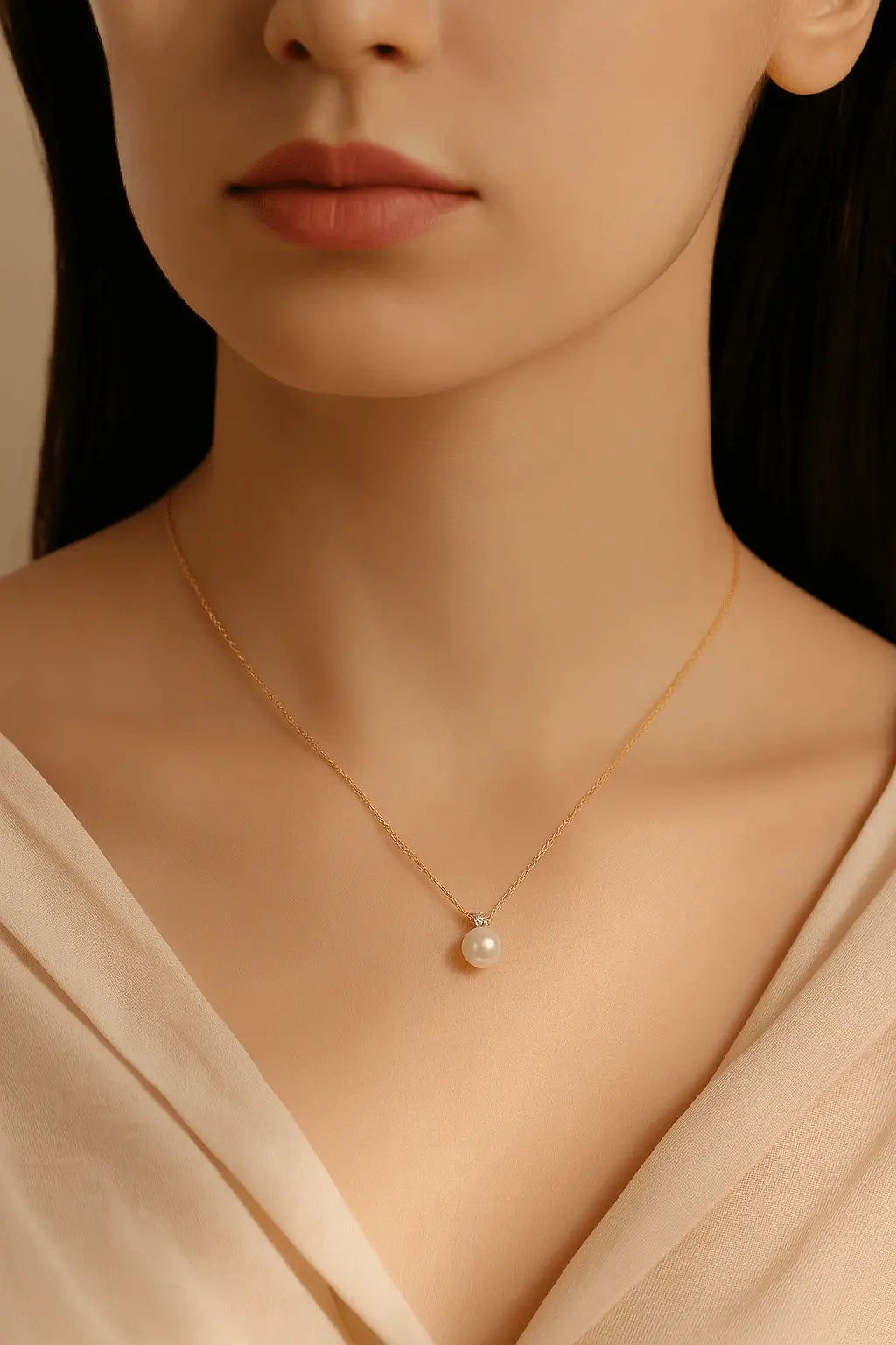 Pescoço feminino usando colar de pérola com zircônia estilo atemporal e sofisticado