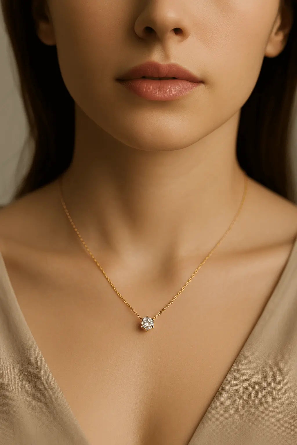 Pescoço feminino usando colar ponto de luz dourado estilo atemporal e sofisticado