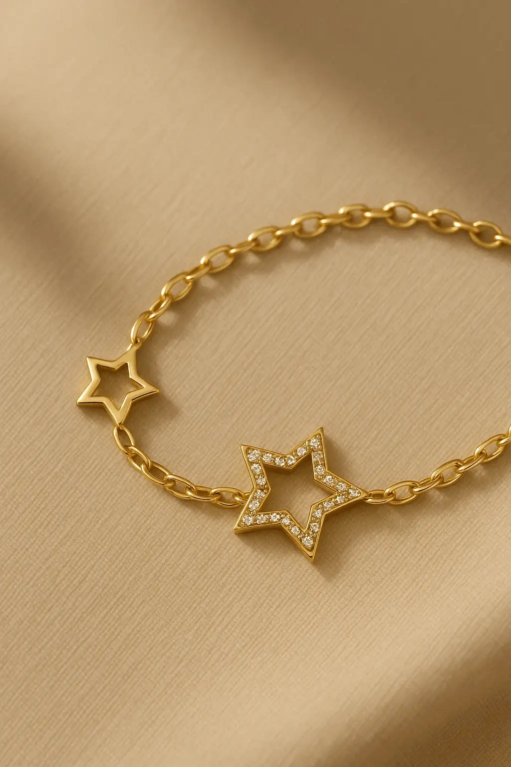 Detalhe macro pulseira estrela contorno delicado acabamento polido ouro 18k